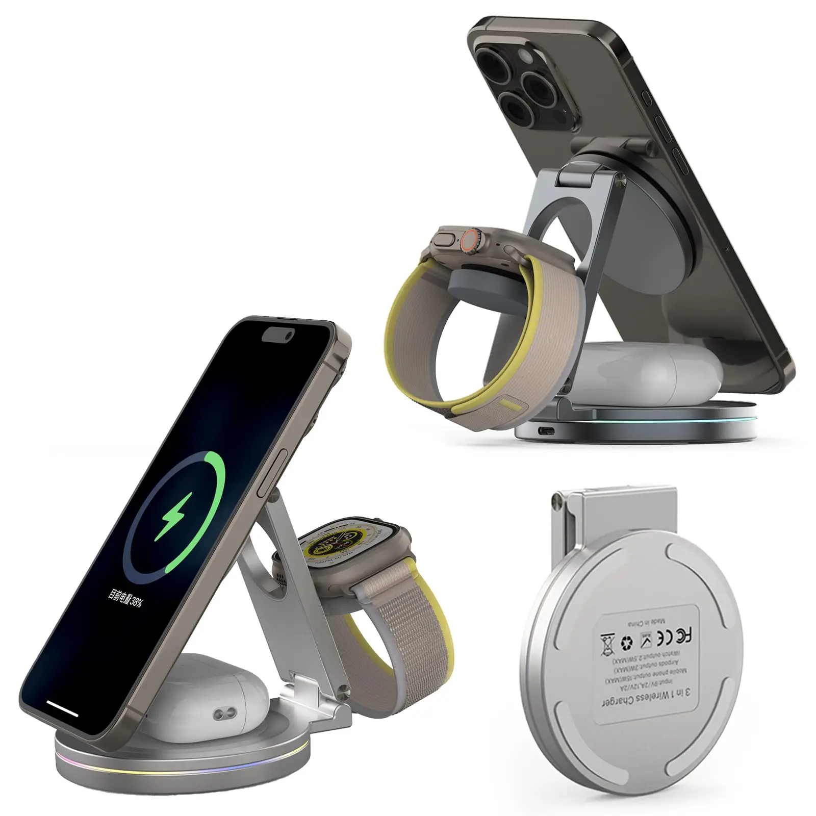 Wireless Charger 3 In 1 - Foldable 3-in-1 Magnetic Wireless Charger, 360º