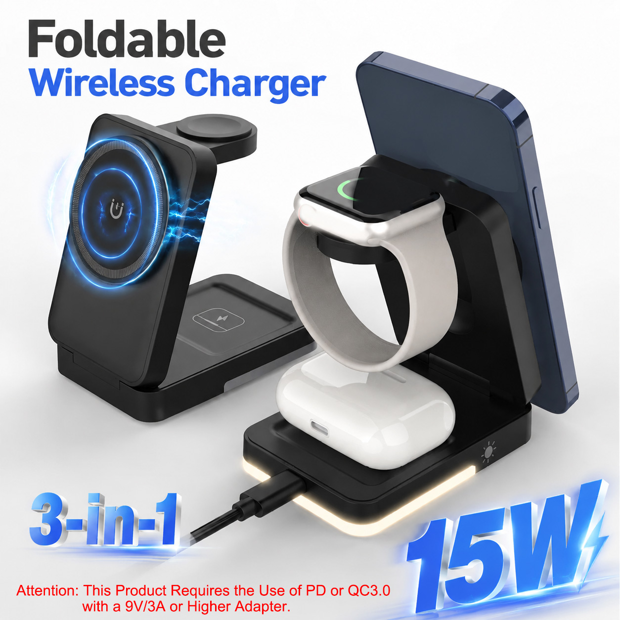 Wireless Charger 3 In 1 - 3-in-1 Foldable Wireless Charger 15W Magnetic